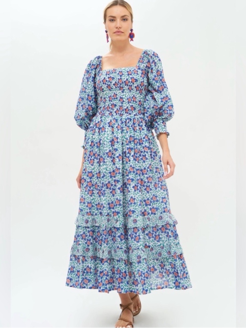 Oliphant Blue Floral Smocked Maxi Dress with Puff Sleeves